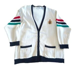 Vintage 80-90s Preppy Collegiate Ivory Crested Striped Cardigan L Princess Diana
